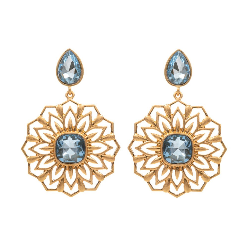 Statement Gold Tone Filigree Dangle Earrings Blue Crystal Pear Cushion Cut