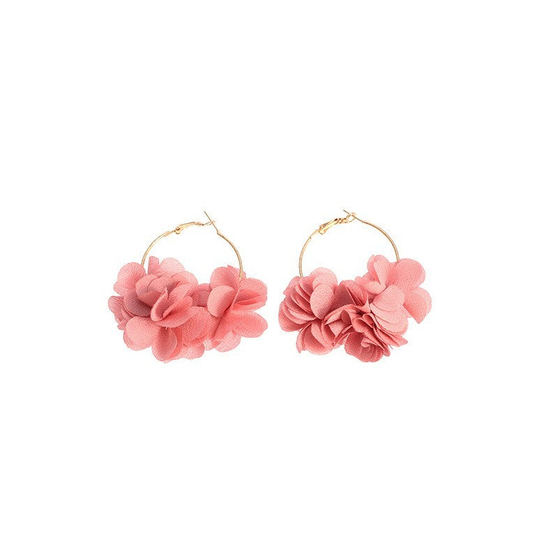 Boho Pink Fabric Floral Hoop Earrings for Women Fashion Jewelry Statement