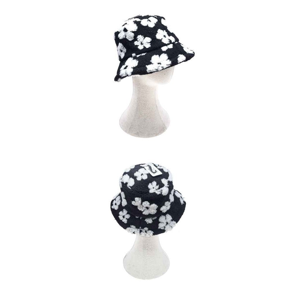 2PC Black Orange Fuzzy Floral Bucket Hat Set Y2K Daisy Popcorn Knit Fall Hats