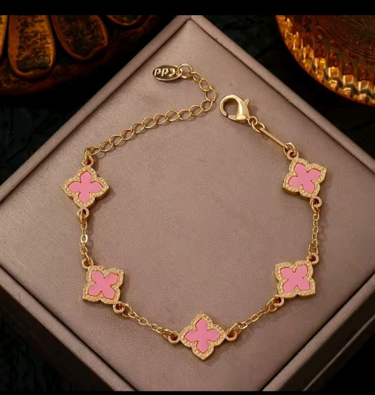 Lucky Four Leaf Clover Bracelet Gold Plated Pink Charm Dainty Jewelry for Her