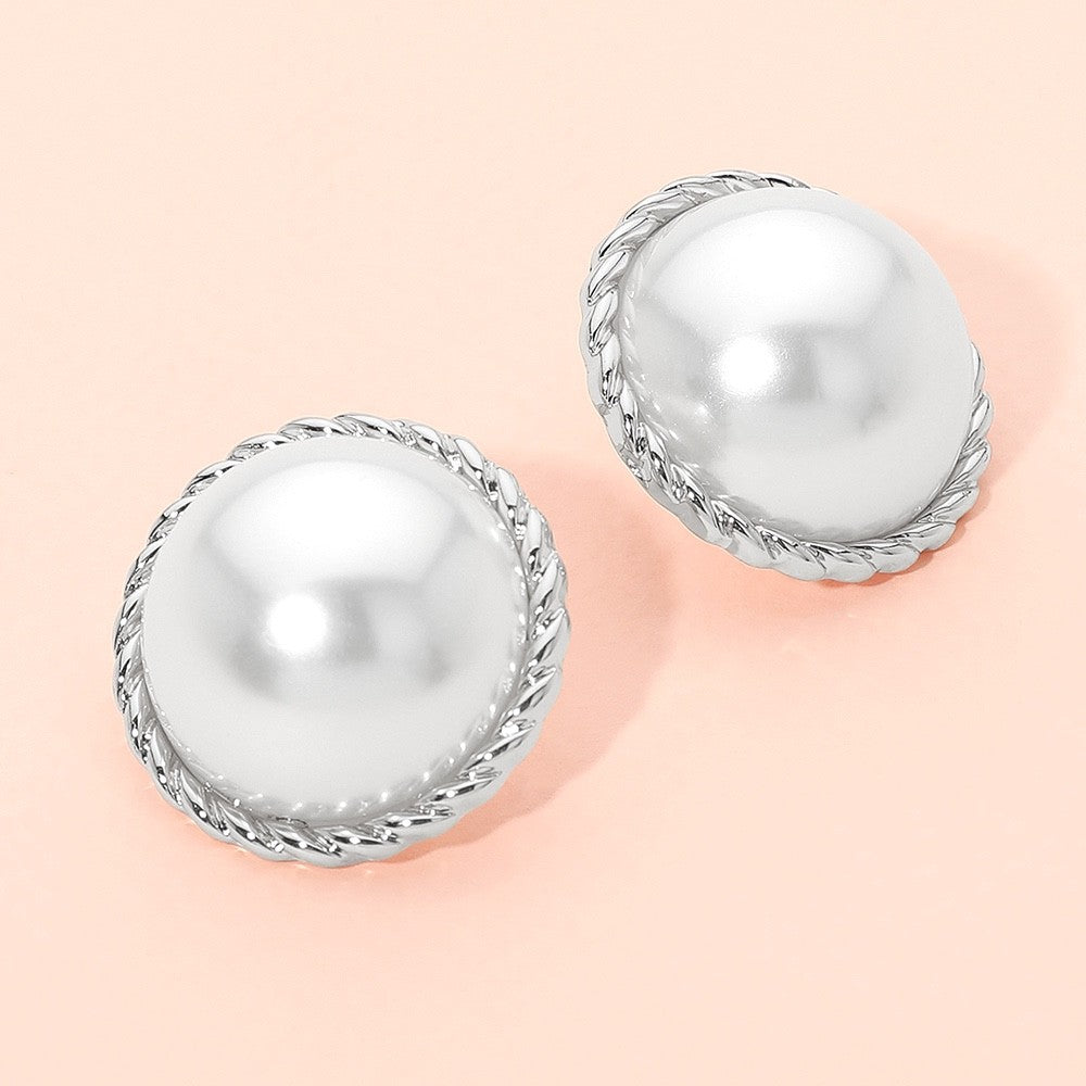 Silver Tone Large Round Faux Pearl Button Stud Earrings
