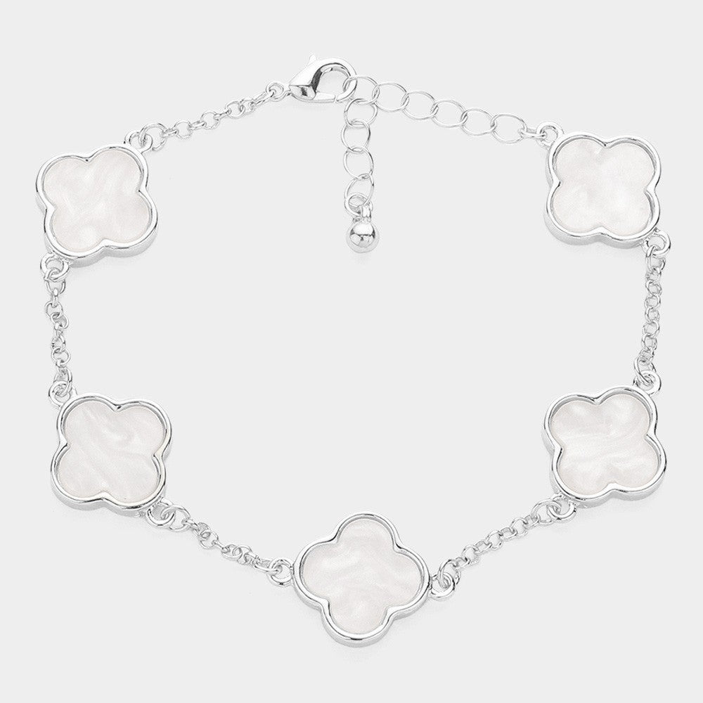 Mother of Pearl Quatrefoil Station Bracelet for Women Gold Tone Chain