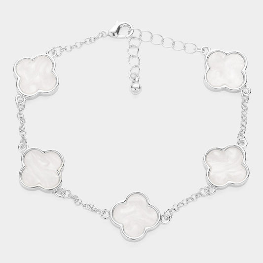 Mother of Pearl Quatrefoil Station Bracelet for Women Gold Tone Chain