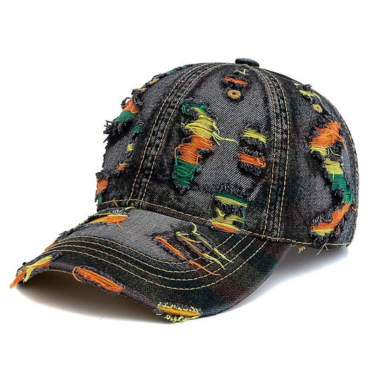 Vintage Ripped Denim Baseball Cap Colorful Stitching Dad Hat Adjustable Strapbac