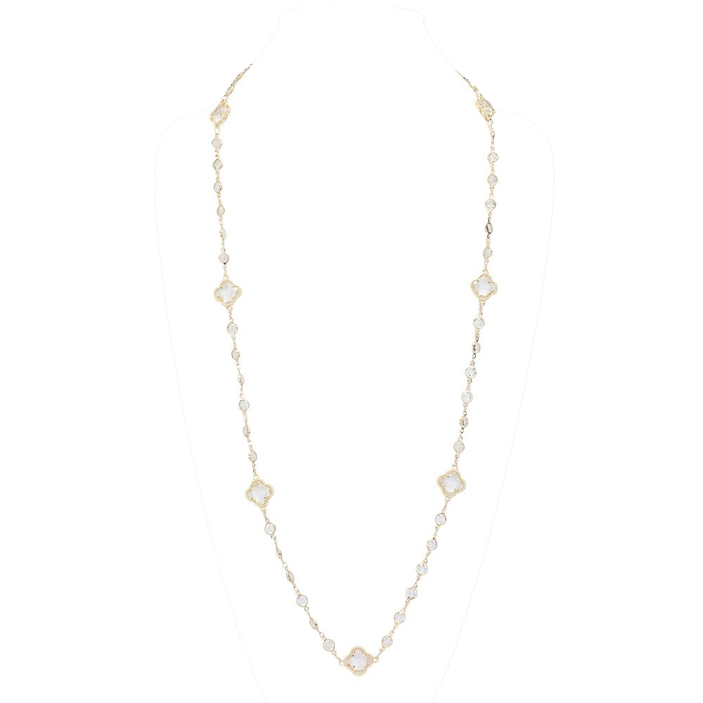Gold Tone Quatrefoil Clover Station Long Necklace 36.5" Crystal Pave Elegant