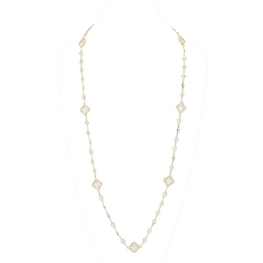 Gold Tone Quatrefoil Clover Station Long Necklace 36.5" Crystal Pave Elegant