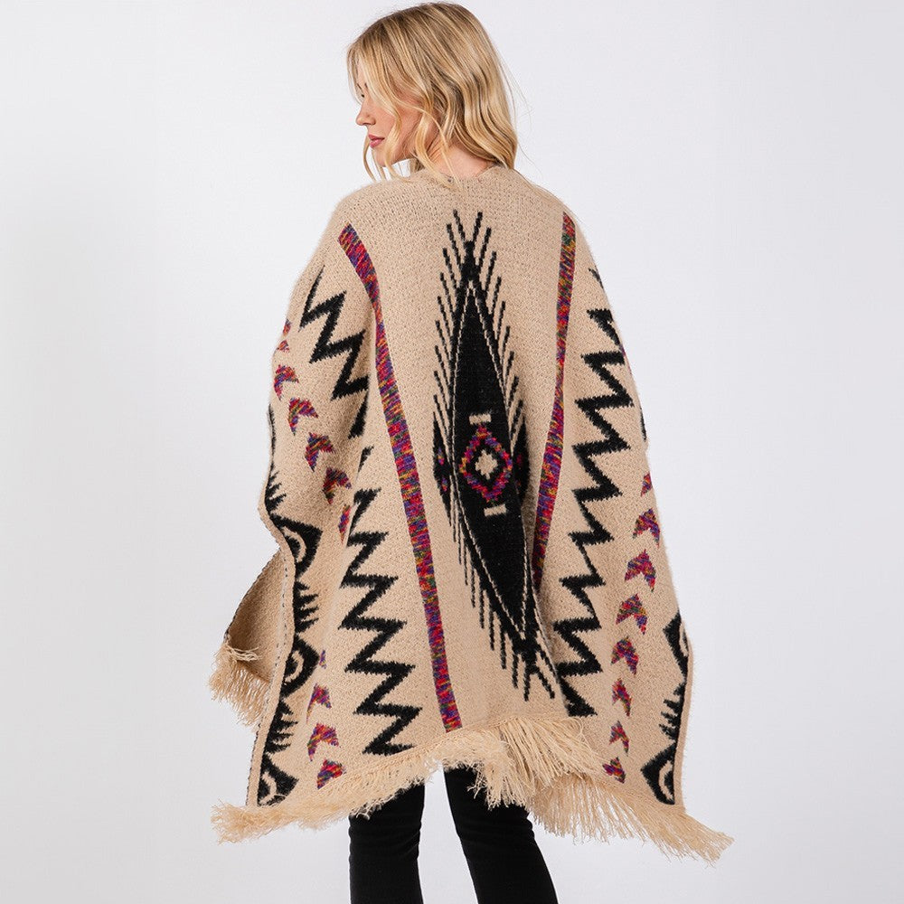 Fuzzy Aztec Pattern Tassel Knit Ruana Poncho Shawl Cape Wrap for Women