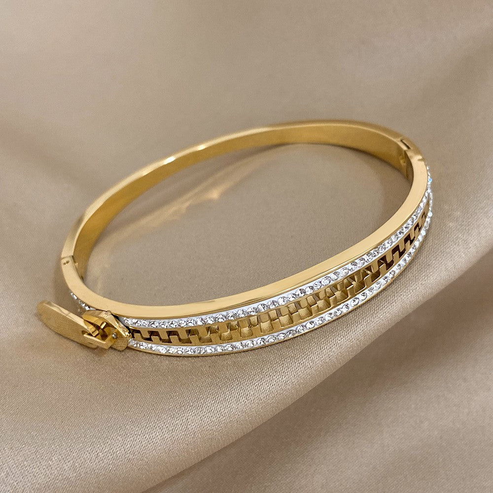 Gold Plated Zipper Charm Bangle Bracelet | Stainless Steel Luxury Zip Hand Jewel