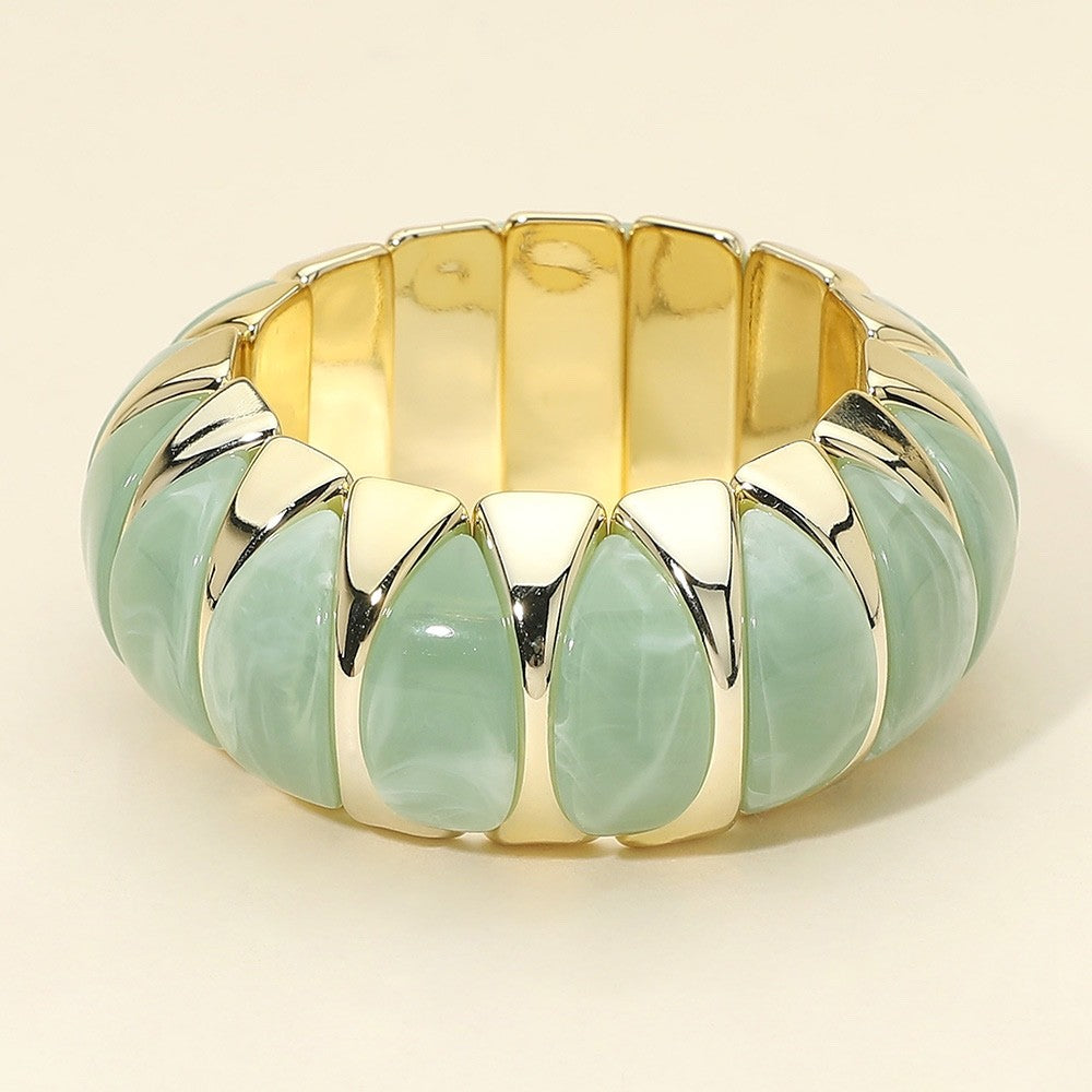 Gold Ribbed Mint Green Marbleized Resin Stretch Bracelet - Boho Statement Cuff
