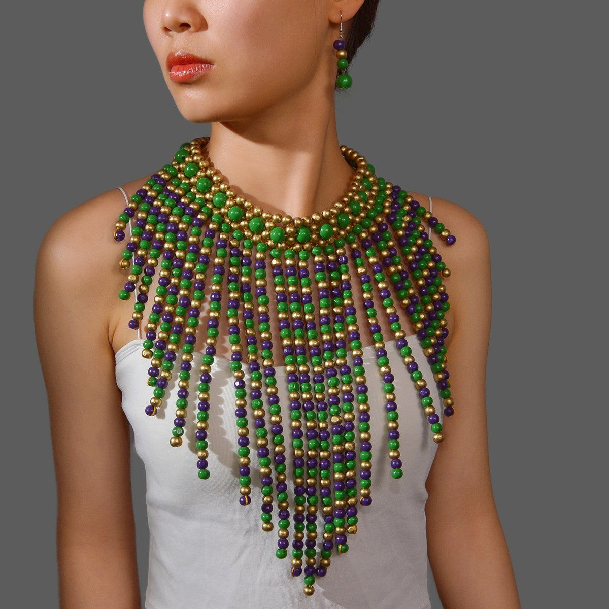 Ethnic Beaded Fringe Statement Necklace Earrings Set Green Purple Gold