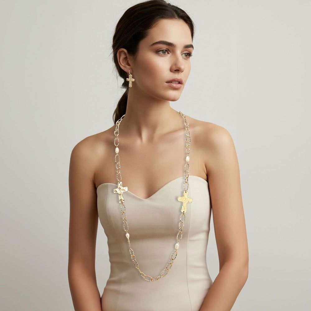 Gold Hammered Cross Long Chain Necklace and Earring Set with Faux Pearl Accents