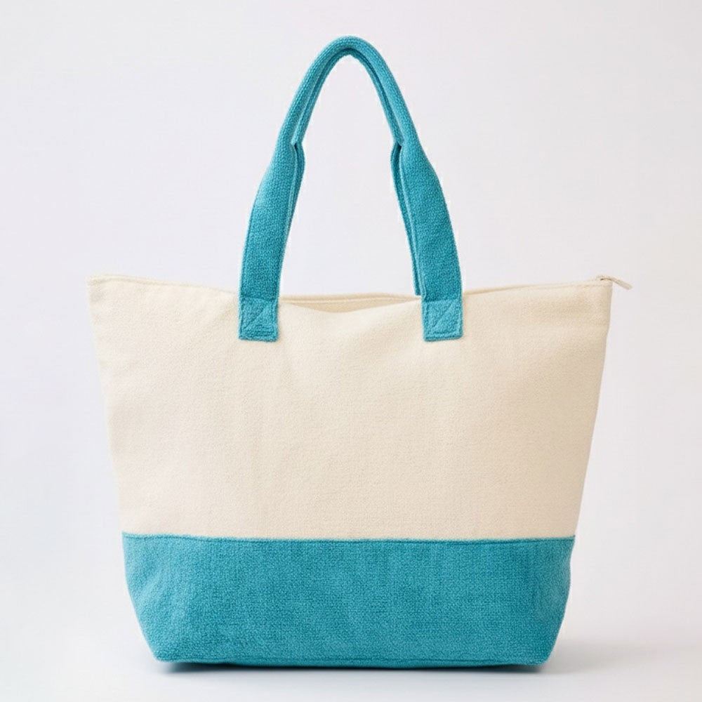 Women's "Life is Better at the Beach" Message Terry Tote Bag Inner Pockets Blue