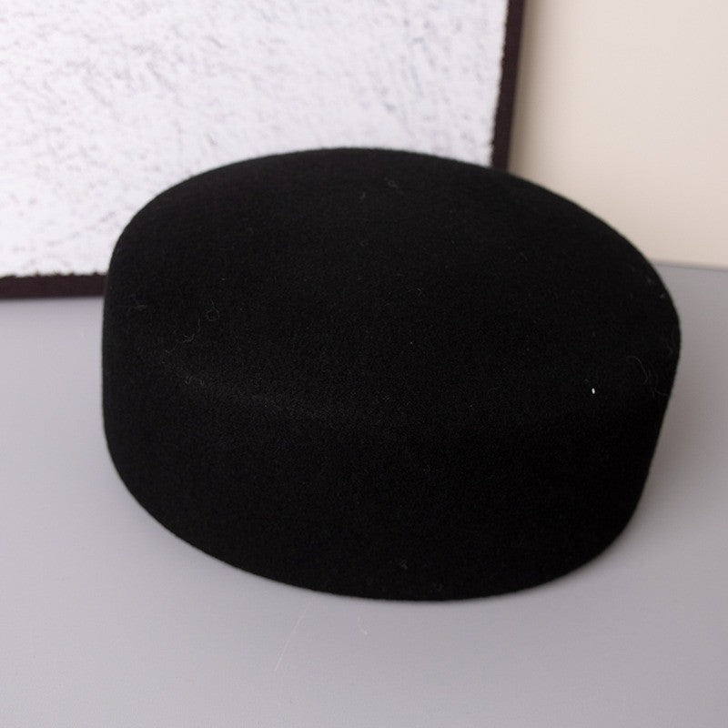 Vintage 100% Wool Pillbox Hat Black Retro Fascinator Formal Cocktail Stewardess