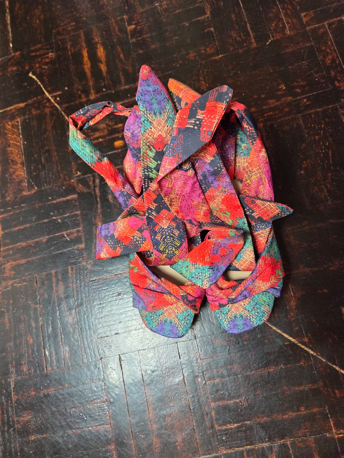 Oasis Multicolor Wedge Sandal Women’s Size 6.5 US Tie Up Strappy Fabric Heel