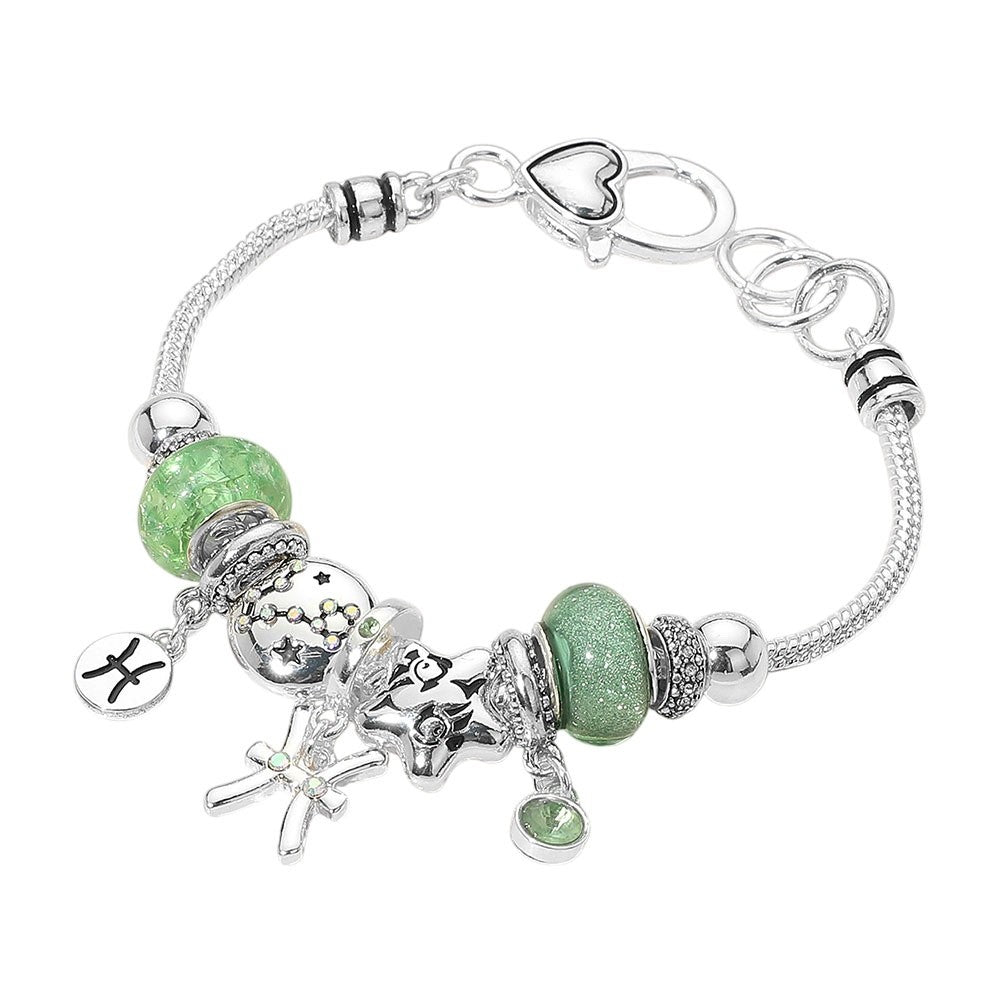 Pisces Zodiac Charm Bracelet Green Glass Beads Silver Tone Adjustable Jewelry