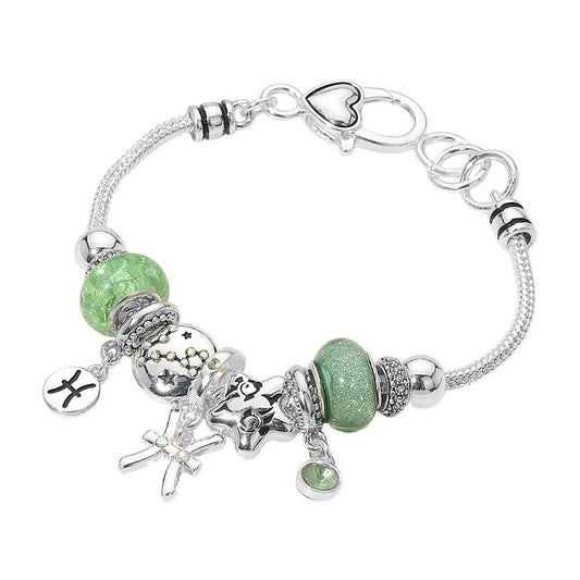 Pisces Zodiac Charm Bracelet Green Glass Beads Silver Tone Adjustable Jewelry