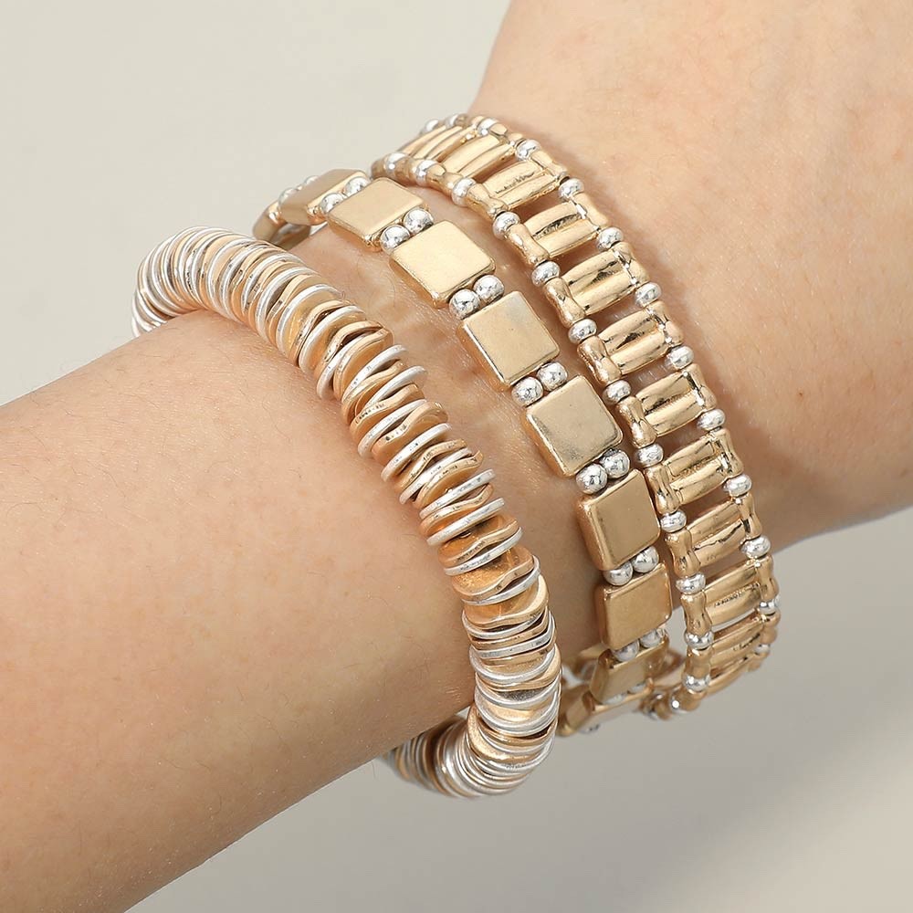 3pc Gold & Silver Mixed Metal Stretch Bracelet Set - Boho Stackable Jewelry