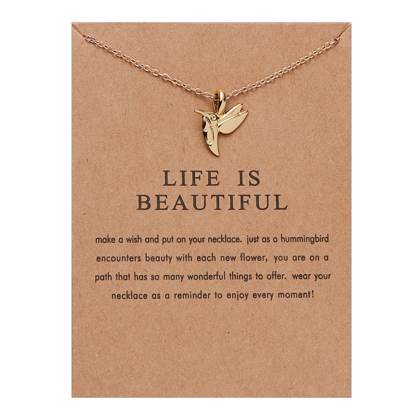 Gold Hummingbird Necklace 'Life is Beautiful' Pendant Charm Gift for Women Girls