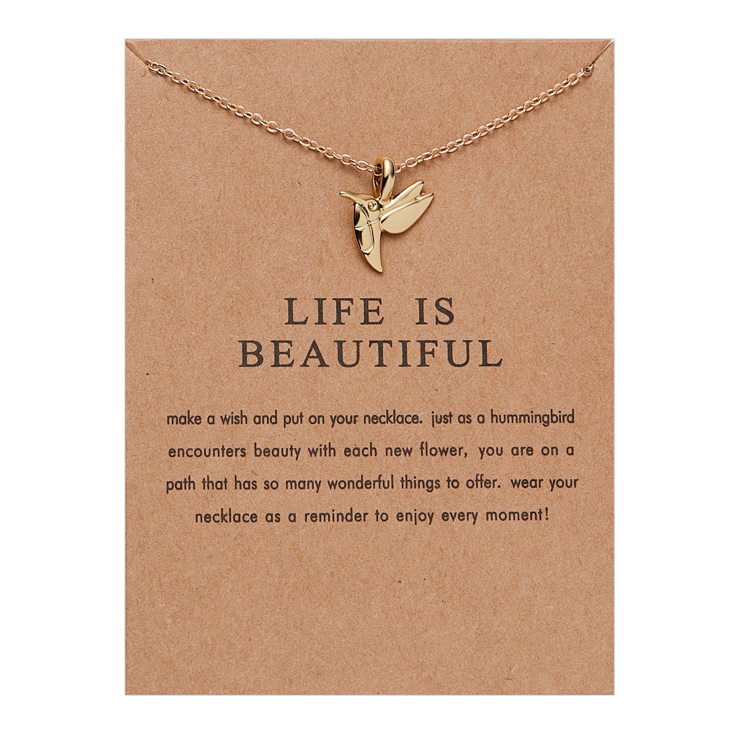 Gold Hummingbird Necklace 'Life is Beautiful' Pendant Charm Gift for Women Girls