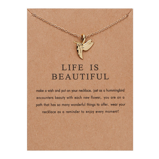 Gold Hummingbird Necklace 'Life is Beautiful' Pendant Charm Gift for Women Girls