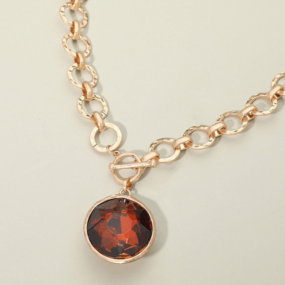 Bold Oval Gemstone Pendant Brushed Metal Chunky Chain Toggle Necklace for Women