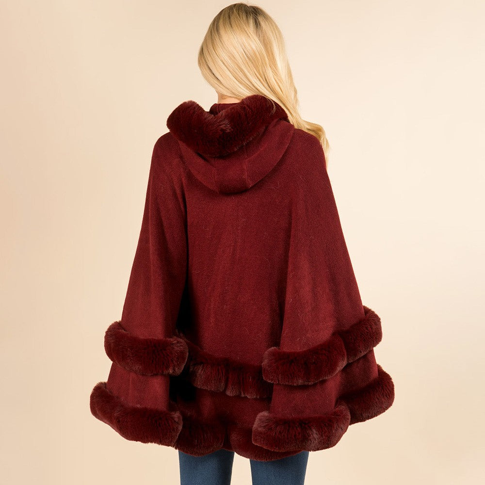Luxury Burgundy Faux Fur Trim Hooded Cape Poncho Wrap Tiered Winter Cloak New
