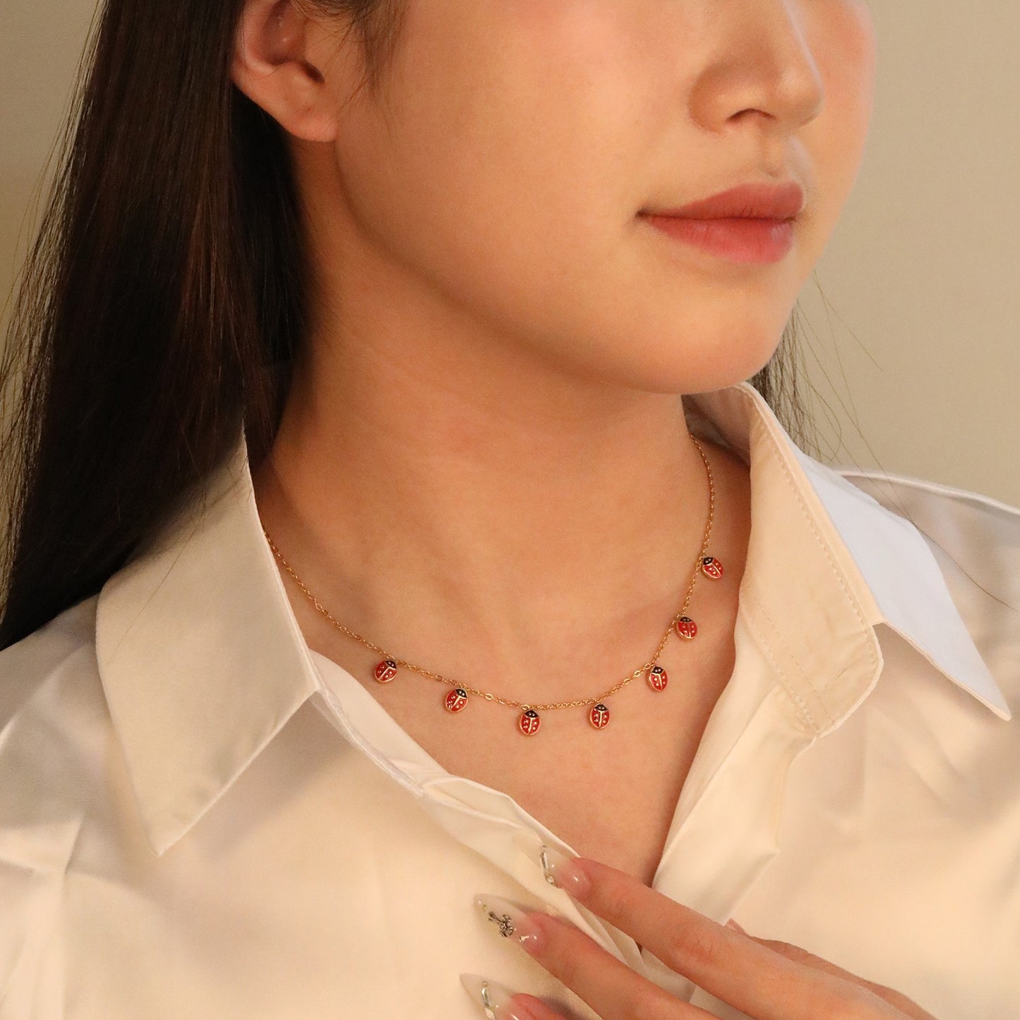 Charming Gold Tone Red Ladybug Dangle Charm Necklace for Women Girls