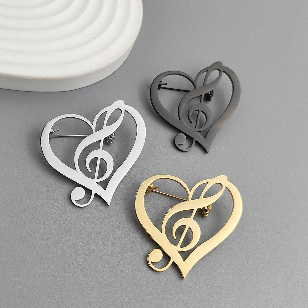 3 Pcs Heart Treble Clef Music Note Stainless Steel Brooch Pin Set Gold Silver Bl