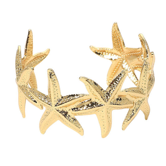 Gold Starfish Nautical Cuff Bracelet Statement Coastal Summer Beach Jewelry