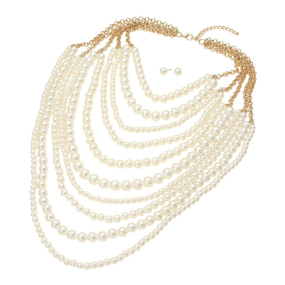 Multi Layer Faux Pearl Statement Necklace and Stud Earrings Set
