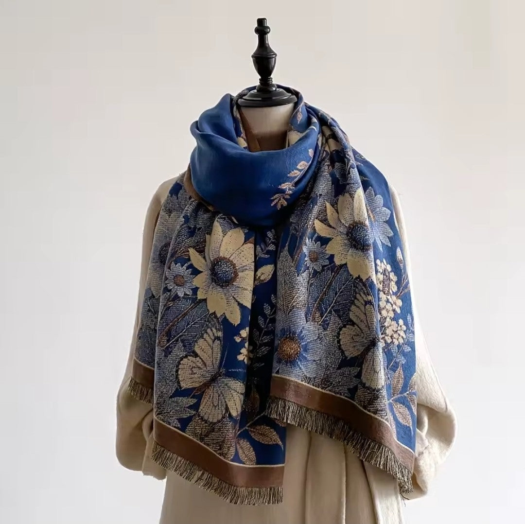 Navy Blue Floral Butterfly Oversized Shawl Scarf Wrap Cashmere Feel 73in