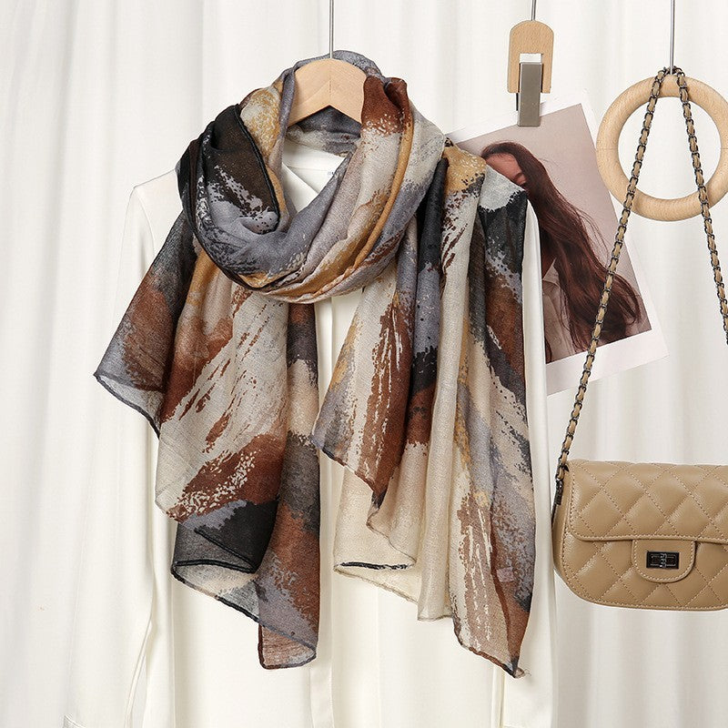Abstract Art Scarf Shawl Wrap for Women Earth Tones Brown Gray Beige Soft