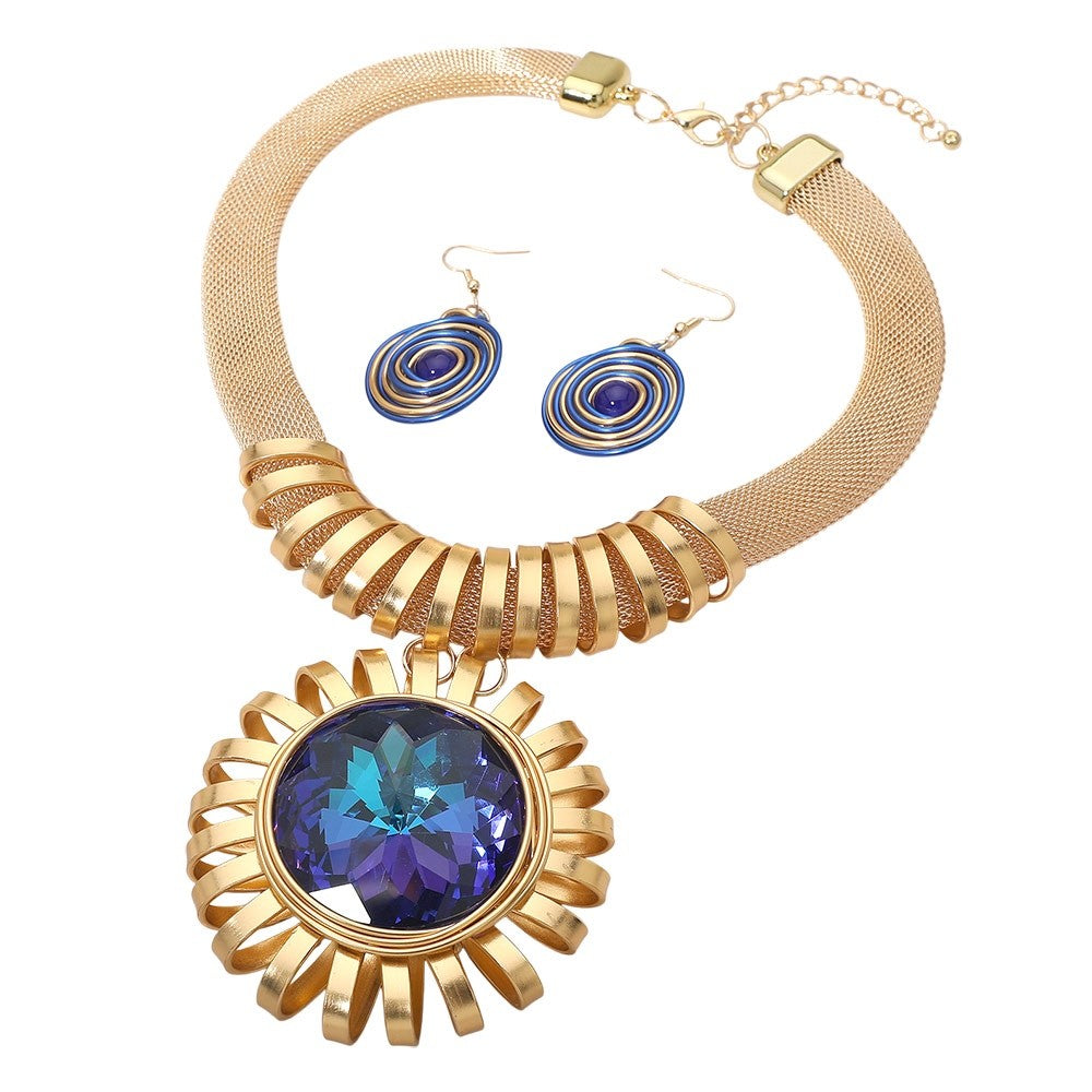 2pc Gold Mesh Collar Necklace Set Blue Crystal Pendant Swirl Drop Earrings Set