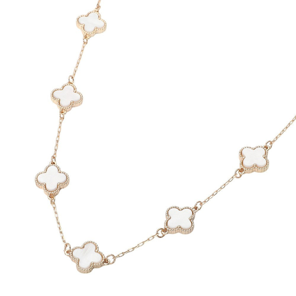 Gold Quatrefoil White Stone Station Necklace for Women Elegant Layering Jewelry