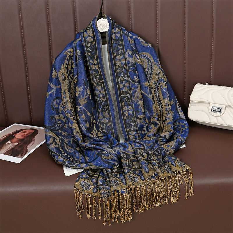 Navy Gold Paisley Pashmina Scarf for Women Soft Warm Elegant Fringe Wrap