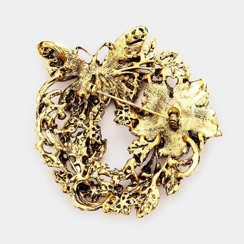 Vintage Gold Butterfly Flower Wreath Brooch Pendant Rhinestone Crystal Jewelry