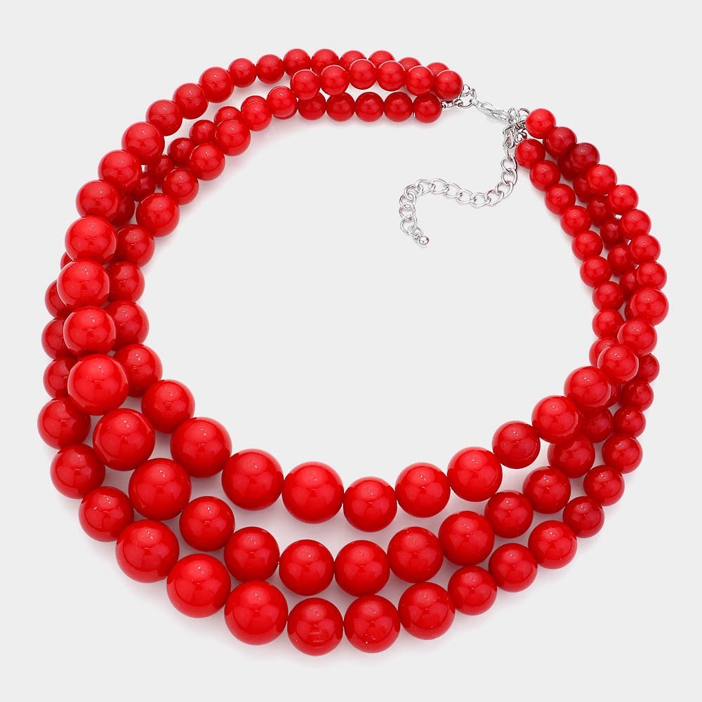 Pearl Chunky Womens Triple Strand Chain Red Classic Beaded Statement Necklace