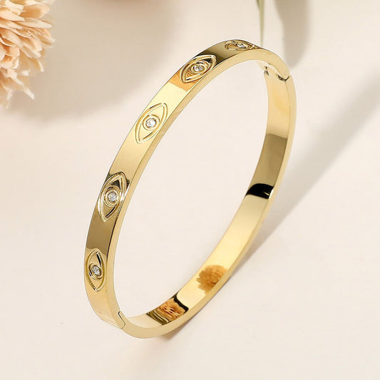 2pcs Set Gold Stainless Steel Evil Eye Bangle Bracelet Hinged CZ Protection