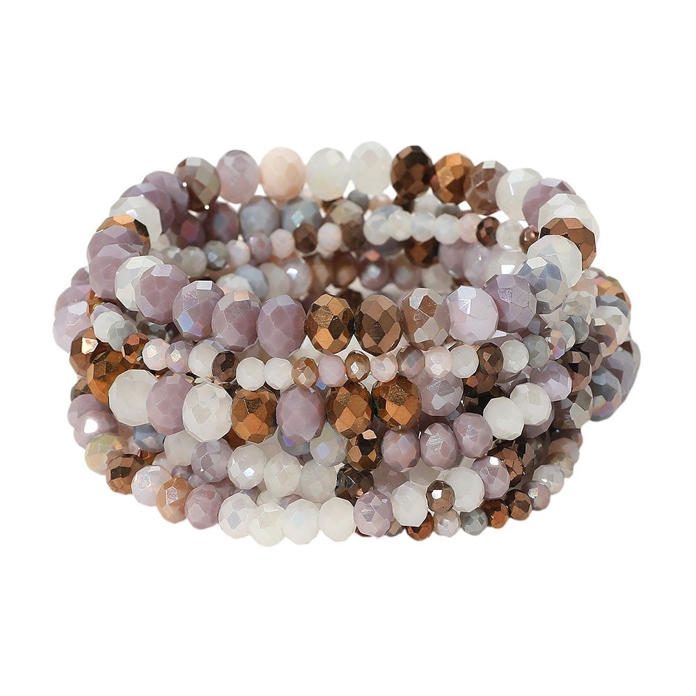 9pcs Mauve & Bronze Multi-Strand Stackable Beaded Stretch Bracelet Set 2" H
