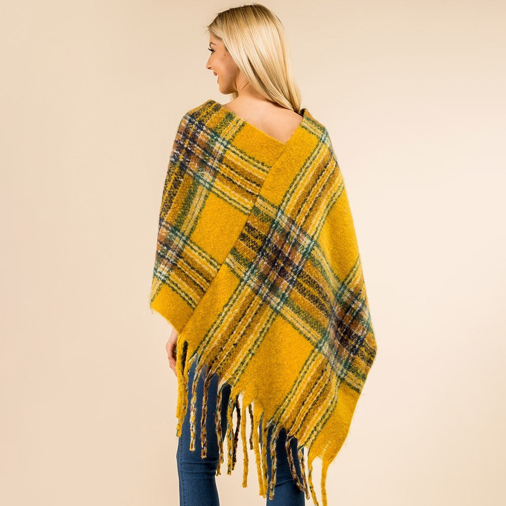 Plaid Poncho Women Fringe Hem Knit Shawl Wrap Cape Winter Layering Cozy