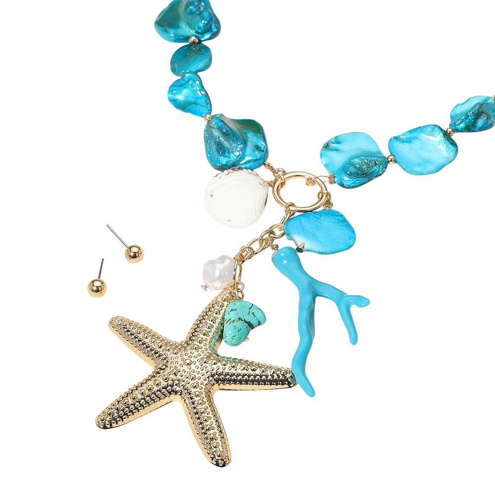 Starfish Coral Pearl Pendant Statement Necklace Beach Jewelry for Women Gift