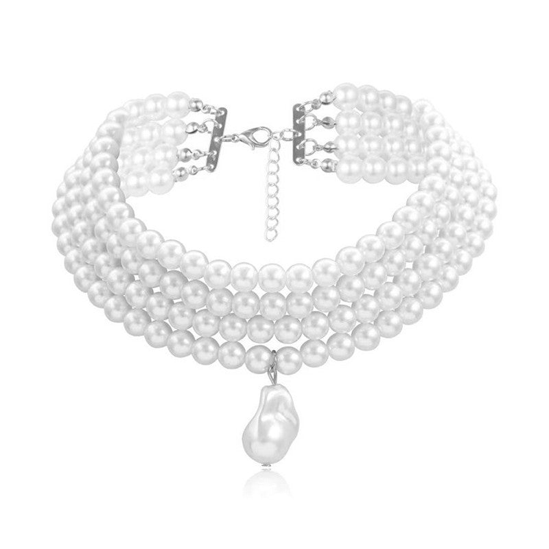 4 Row Faux Pearl Choker Necklace Baroque Pearl Pendant Statement Bridal Jewelry