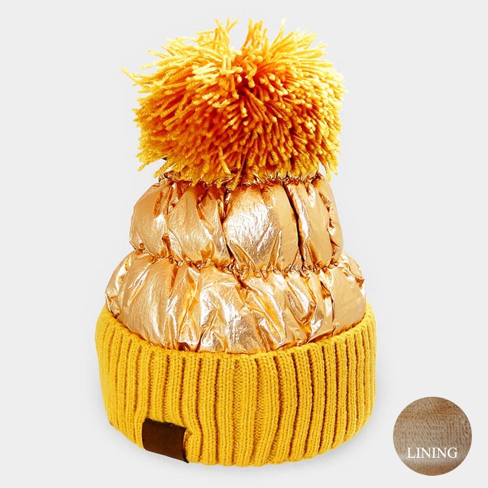 2-Pack Puffer Pom Pom Beanie Set Shiny Knit Cuff Hat Black & Gold Fleece Lined