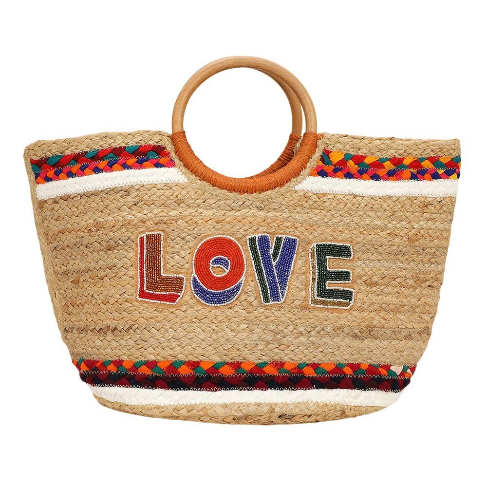 Handmade Seed Bead LOVE Jute Tote Bag with Wooden Handles | Boho Straw Purse