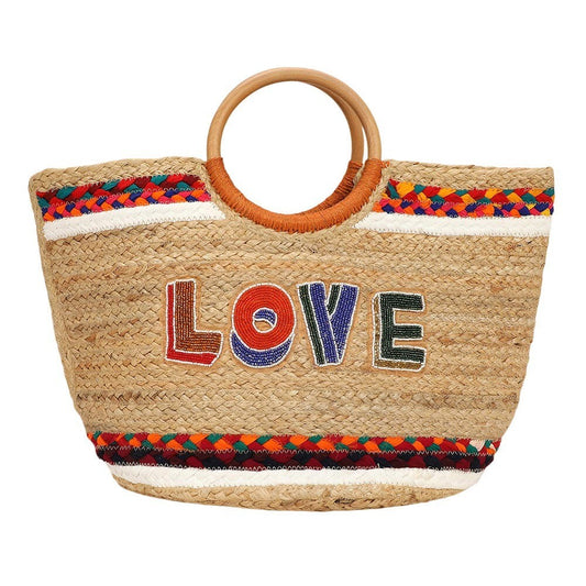 Handmade Seed Bead LOVE Jute Tote Bag with Wooden Handles | Boho Straw Purse