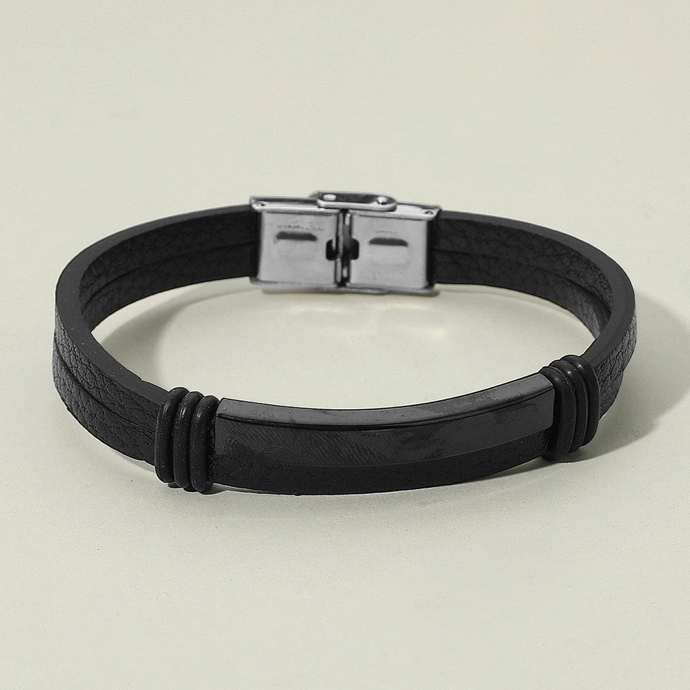 Luxury Men's Black Leather Bracelet Sleek Stainless Steel Magnetic Clasp 0.6" H