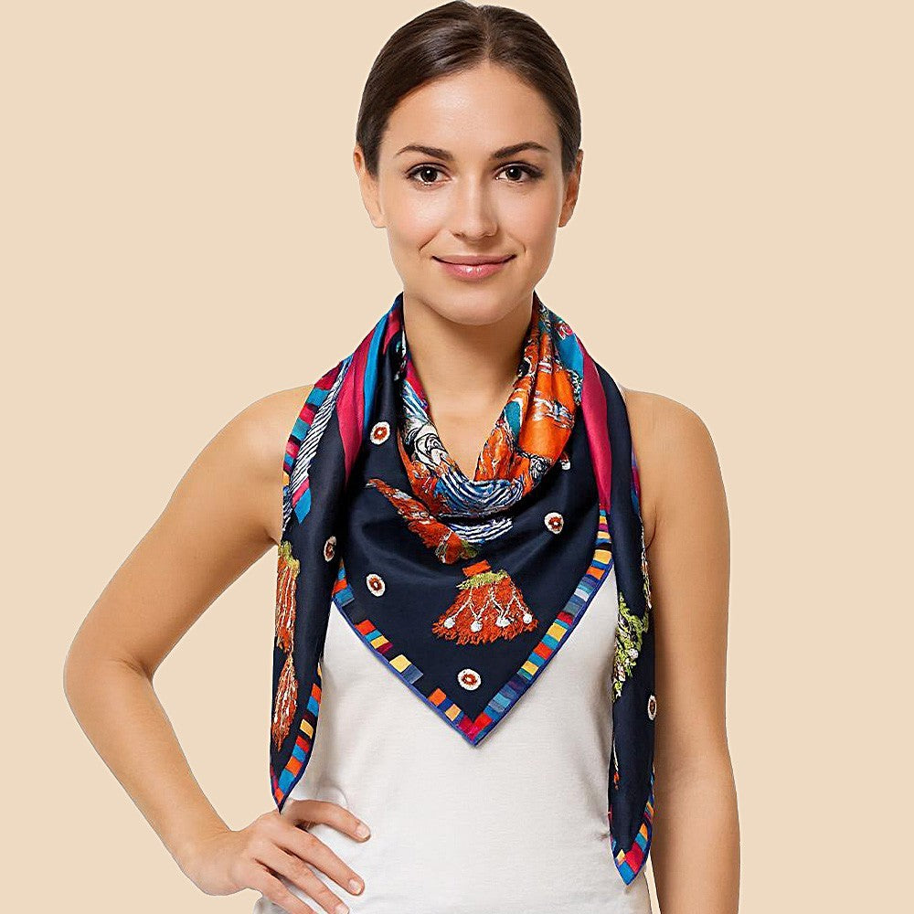 Vibrant Orange Navy Silk Blend Scarf Baroque Cord 51" Square Scarves for Women