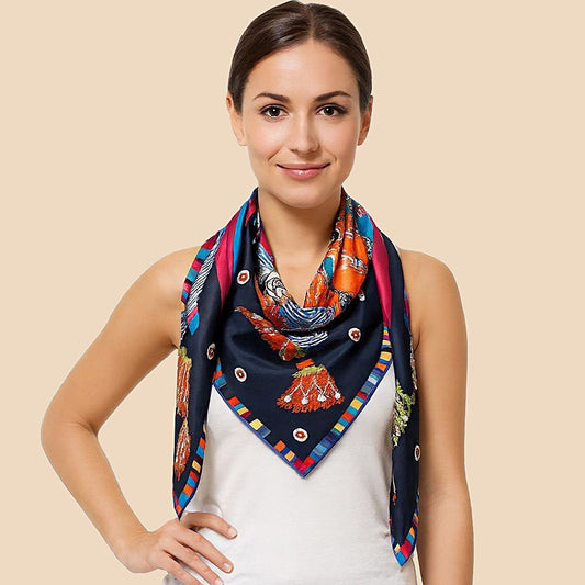 Vibrant Orange Navy Silk Blend Scarf Baroque Cord 51" Square Scarves for Women