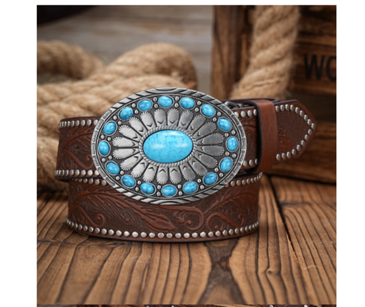 Vintage Horse Buckle Faux Leather Belt in Western Style for Men and Women