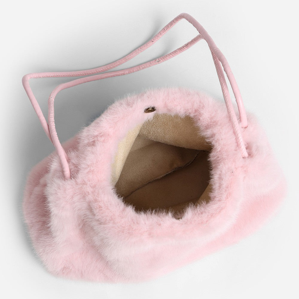 Pink Faux Fur Shoulder Bag for Women Winter Handbag Magnetic Closure